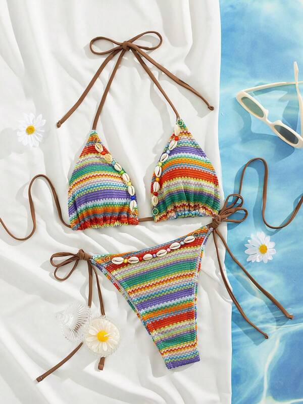 Swim Mod Damen Strandset mit Nackenbinder aus strukturiertem Stoff, Urlaubsstil Muschelkette Accessoires mit dreieckigen Bikinihosen