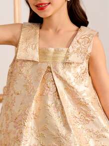 青少年女孩连衣裙 - 无袖领口金色锦缎斋月斋月长袍，适合模特青少年女孩，将俏皮优雅的设计与奢华的面料相结合，花童连衣裙 - 金色 - 查看 6