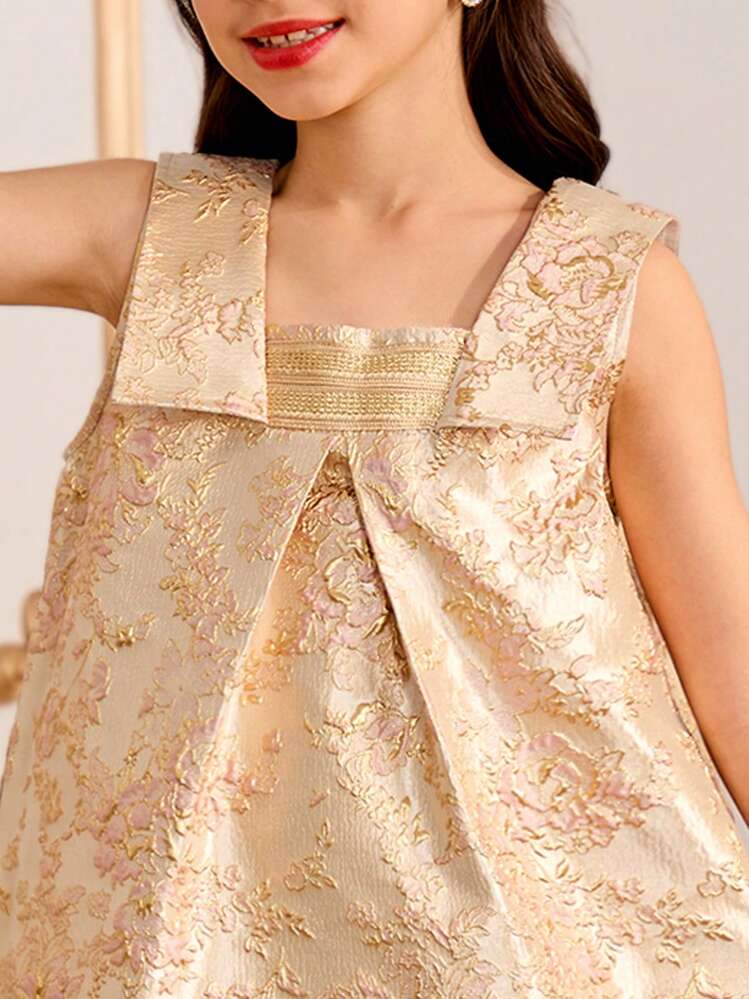 青少年女孩连衣裙 - 无袖领口金色锦缎斋月斋月长袍，适合模特青少年女孩，将俏皮优雅的设计与奢华的面料相结合，花童连衣裙 - 金色 - 查看 6