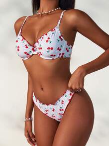 Swim Mod Dames schattige kanten bloemen kersenprint badmode set badpakken en zwembroeken, voor zomer strandvakantie
