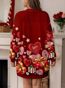 SHEIN LUNE Plus Size Women Valentine's Print Long Sweatshirt Dress, Suitable For Summer - Red - View 2