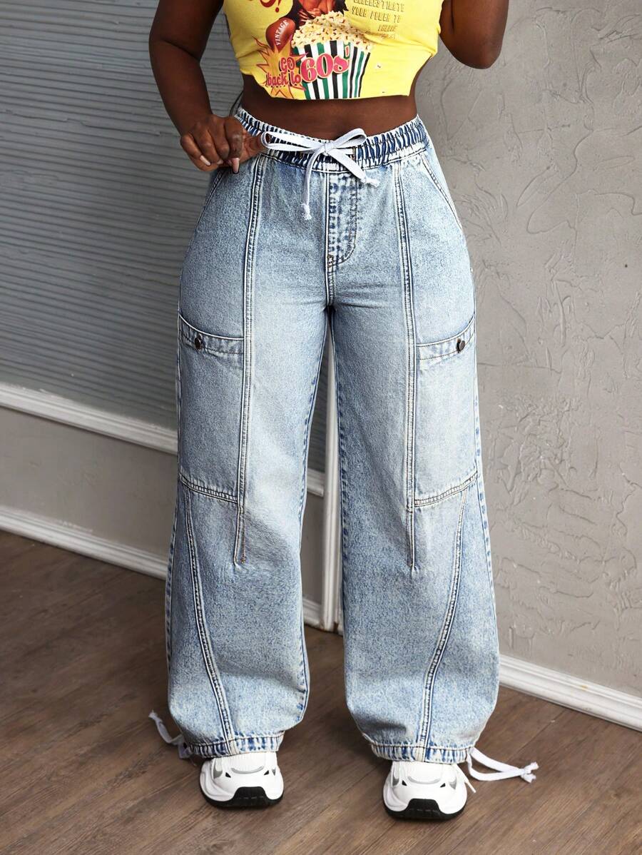 SHEIN Slayr Women's Drawstring Waist Pocket Elastic Waist Jeans - Light Wash - View 1