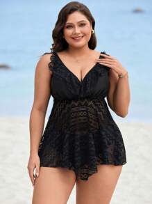 Swim Lushoire Plus Size Women's Two-Piece Black Solid Color Lace Ruffle Minimalist High Waisted Swim Dress & Swim Bottom, For Summer Beach Vacation - Black - View 6