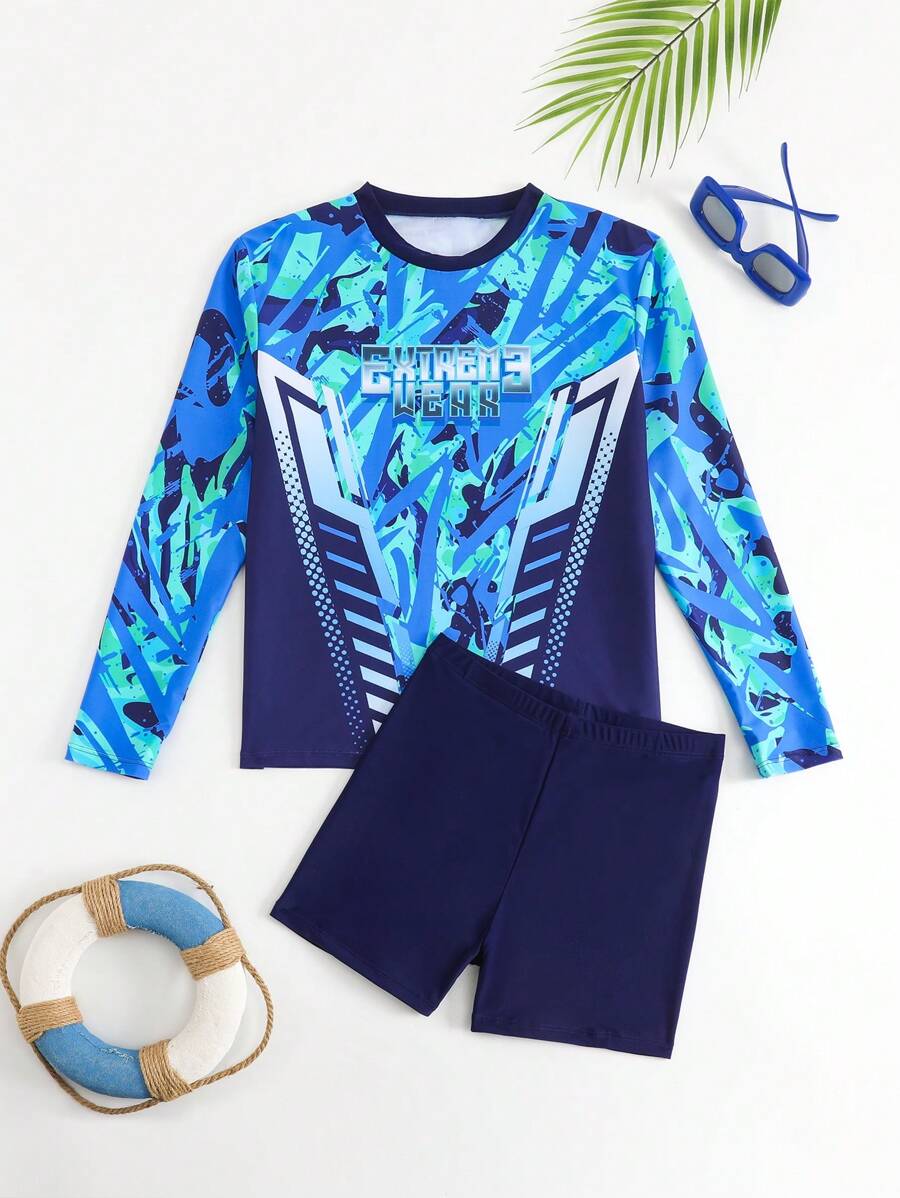 2 Pieces Set: Round Neck Long Sleeve Top & Swimming Trunks For Tween Boys - Navy Blue - View 1