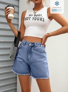 SHEIN Frenchy Short de mezclilla sencillo con bolsillos delanteros y botones para mujer Coolmax, uso casual de todos los días