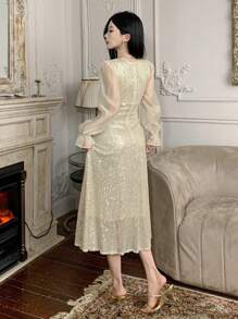 DAZY Sequin Patchwork V-Neck Puff Sleeve Midi Dress For Women Prom Dress,Fall Dress Luxury Elegant Women Dresses New Year Eve Dress Sparkly Dress - Apricot - View 2