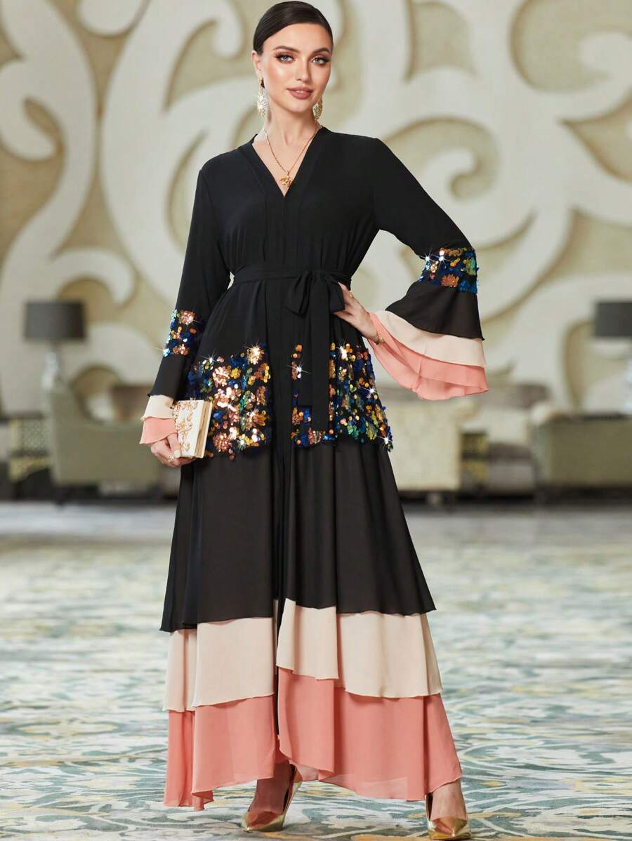 Al Najma 长款 V 领拼色长袖休闲长款阿拉伯长袍 - 彩色 - 查看 1