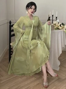 DAZY Plain V-Neck Mid-Length Women's Sheath Dress Prom Dress,Fall Dress Long Sleeve Dress - Green - View 11