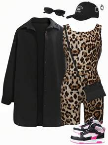 Girls Casual All-Match Versatile Commuting American Style Black Long Sleeve Resort Woven Long Shirt + Leopard Print Fitted Tank Top Jumpsuit Set - Black - View 1