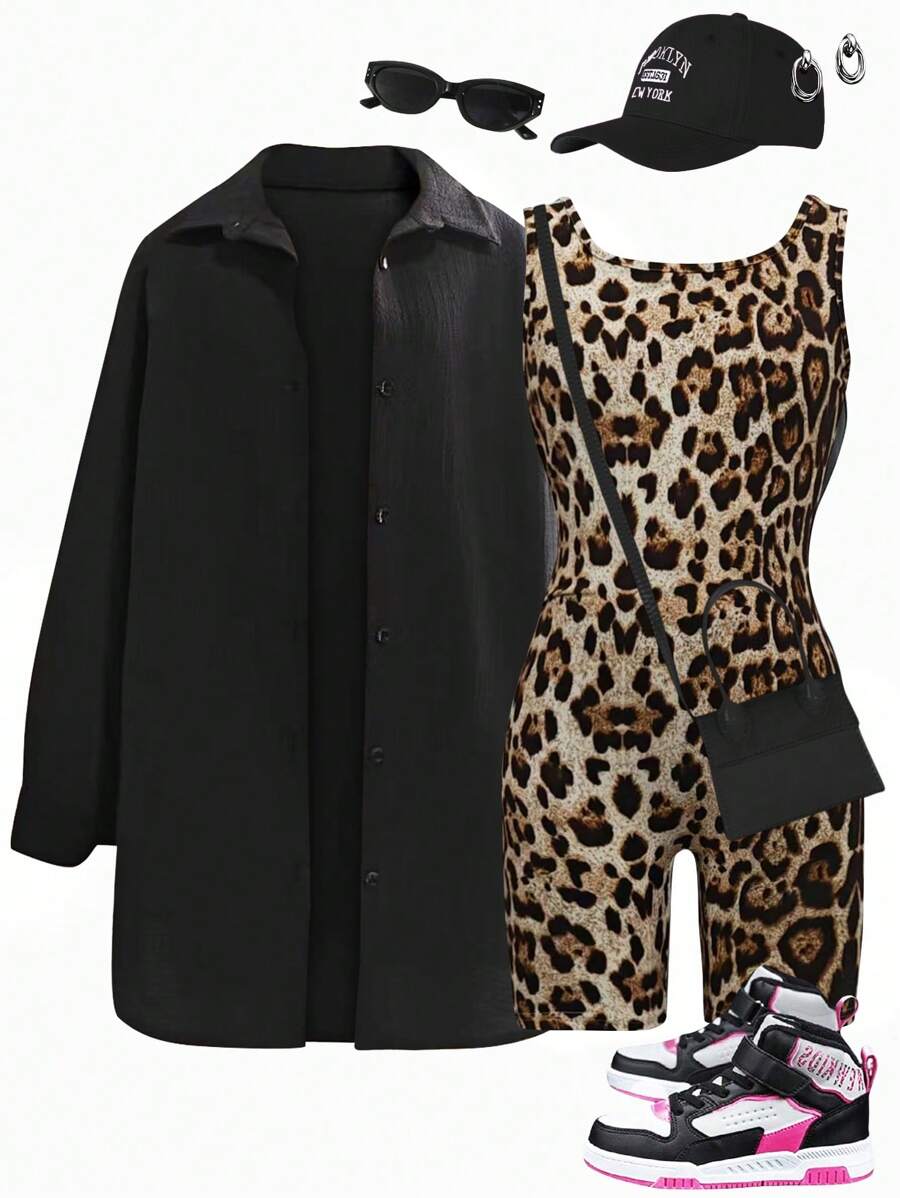 Girls Casual All-Match Versatile Commuting American Style Black Long Sleeve Resort Woven Long Shirt + Leopard Print Fitted Tank Top Jumpsuit Set - Black - View 1