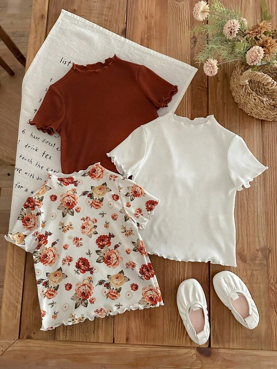 LMoss Kids LMoss 3pcs/Set Young Girl Knitted Solid Color & Ditsy Floral Pattern Fitted Casual T-Shirt - Multicolor - View 1
