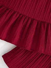 2pcs/Set Little Girls Summer Floral Halter Chiffon Ruffled Top And Shorts Set, Vacation Elegant Outfit - Burgundy - View 5