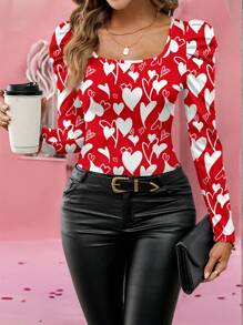 SHEIN Clasi Luipaardprint vierkante hals ballonmouw zwarte top, casual blouse met hartpatroon voor dames, geschikt voor lente en herfst voor Valentijnsdag