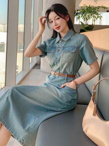 DAZY Western Style Women's Denim Clothing Washed Slit Pocket Ladies Denim Dress - Medium Wash - View 3