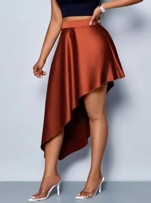 SOLERSUN Women's Solid Color Elegant Valentines Party A-Line High Waist Asymmetrical Hem Satin Long Skirt - Brown - View 4