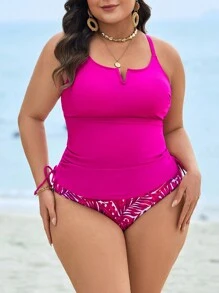 Swim Lushoire Conjunto de tankini de talla grande para mujer con parte superior de color sólido y Bottom con estampado tropical, para verano y vacaciones en la playa