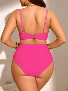 SHEIN Swim Curve Bộ bikini 2 mảnh màu trơn cỡ lớn mùa hè cho nữ, trang phục đi nghỉ thời trang và nâng đỡ - Màu Hồng Tươi - Xem 2
