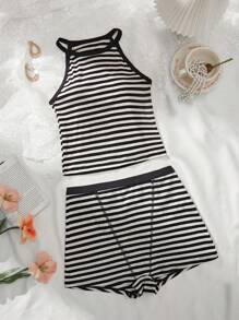 Plus Size Crew Neck Sleeveless Striped Loungewear 2 Pieces Set - Black and White - View 1