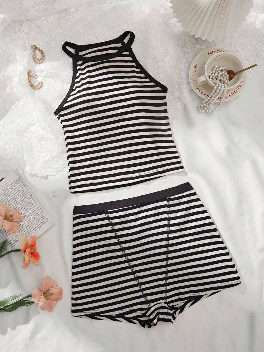 Plus Size Crew Neck Sleeveless Striped Loungewear 2 Pieces Set - Black and White - View 1