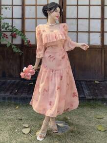 DAZY Floral Print Ruffle Hem Midi Dress For Women Prom Dress Easter - Pink - View 11