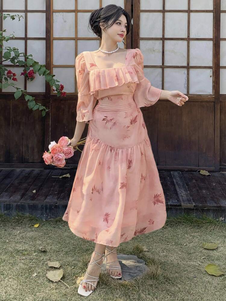 Floral Print Ruffle Hem Midi Dress For Women Prom Dress Easter