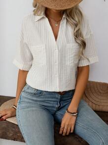 SHEIN LUNE 女士精致优雅法式亚麻混纺条纹 V 领蝙蝠袖翻边衬衫，适合工作、休闲和度假穿着，春夏季 - 杏色 - 查看 3