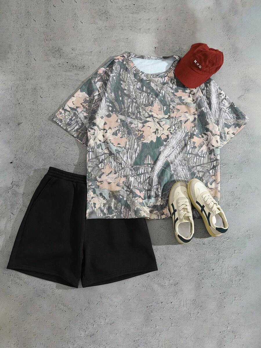 SHEIN Manfinity Dauomo Men's Fashionable Printed Leaf Pattern Summer Set - Multicolor - View 1