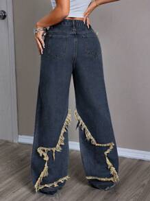 Quần jeans ống đứng lưng thấp, dáng rộng, màu tương phản, họa tiết ngôi sao thời trang dành cho nữ - Rửa tối - Xem 2