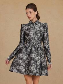 GENKIRA 女士花卉提花褶皱腰长袖迷你连衣裙节日派对连衣裙 - 黑與白 - 查看 4