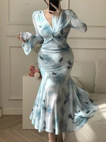 DAZY Full Floral Print V-Neck Bubble Puff Sleeve Fishtail Midi Dress For Women,Ruffle,Fall Dress Long Sleeve Dress - Blue - View 9