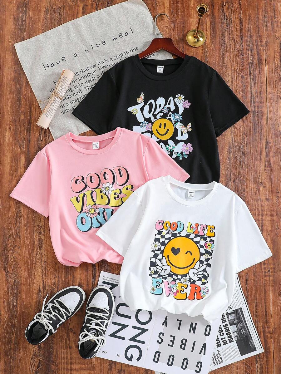 3-Color Round Neck Pullover T-Shirt, Fashionable Chic Smiling Face Graphic Print - Black - View 1