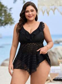 Swim Lushoire Plus Size Women's Two-Piece Black Solid Color Lace Ruffle Minimalist High Waisted Swim Dress & Swim Bottom, For Summer Beach Vacation - Black - View 4