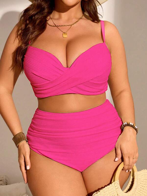 SHEIN Swim Curve Zomer Plus Size Vrouwen 2-delige Effen Kleur Bikini Set, Ondersteunende & Modieuze Vakantie-outfit