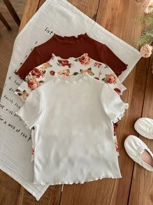 LMoss Kids LMoss 3pcs/Set Young Girl Knitted Solid Color & Ditsy Floral Pattern Fitted Casual T-Shirt - Multicolor - View 3