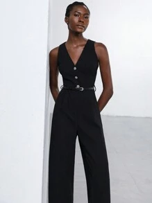 Aveloria Modichic 黑色 V 领简约精致纽扣闭合腰部收紧皮带女式连体裤，修身复古风格