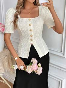 Calvaya Blusa casual de mujer con cuello cuadrado, mangas abullonadas, cintura ceñida y abertura en el bajo para primavera/verano