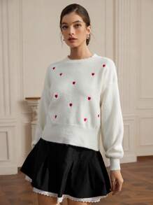 Aveloria Rosie Jersey elegante para mujer con cuello redondo blanco y bordado romántico de corazón rojo en contraste, adecuado para el Día de San Valentín