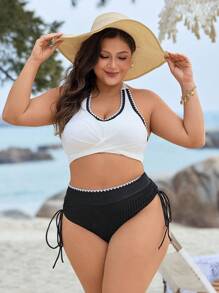 Swim Lushoire Bộ bikini 2 mảnh buộc dây in họa tiết co giãn cao dành cho nữ cỡ lớn, dành cho kỳ nghỉ hè ở bãi biển - Đen và trắng - Xem 5