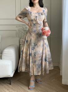 DAZY Vestido midi con mangas abullonadas, volantes en el bajo y estampado floral bohemio, vestido de verano elegante