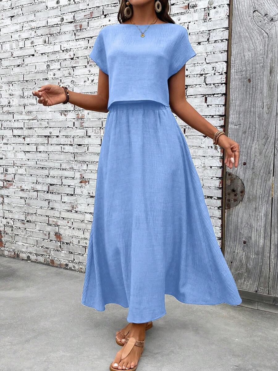 EMERY ROSE Bộ 2 áo thun tay ngắn và chân váy màu trơn đơn giản cho nữ - Màu xanh nhạt - Xem 1