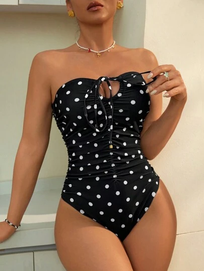 Swim Chiccia Summer 1pc Women's Polka Dot Black Ruched One-Piece Swimsuit, Sexy Tie Up Beach Vacation