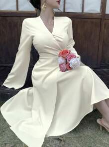 DAZY Women's Solid Color V-Neck Flare Sleeve Tie-Up Mid-Length Dress, Elegant For Wedding Guest Attire, Spring/Fall Prom Dress Elegant,Back To School Clothes Long Sleeve Dress - Beige - View 9