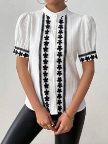 Rafferiza Women's Color Block Ruffle Patchwork Textured Fabric Short Puff Sleeve Shirt - Multicolor - View 5