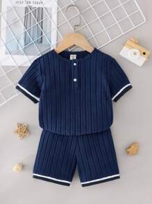 Young Boys Simple Casual Round Neck Half Placket Ribbed Cuff Shorts Knit Ribbed Pajama Set, 2pcs - Blue - View 5