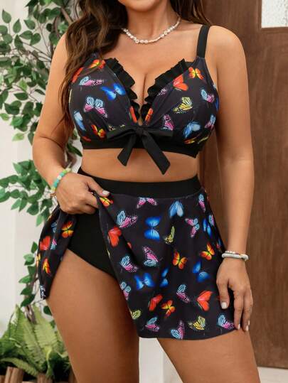 Swim Mod Summer 2pcs Plus Size Women Butterfly Print Flounce Split Wide-Waist Bikini & Shorts Set, Casual Vacation