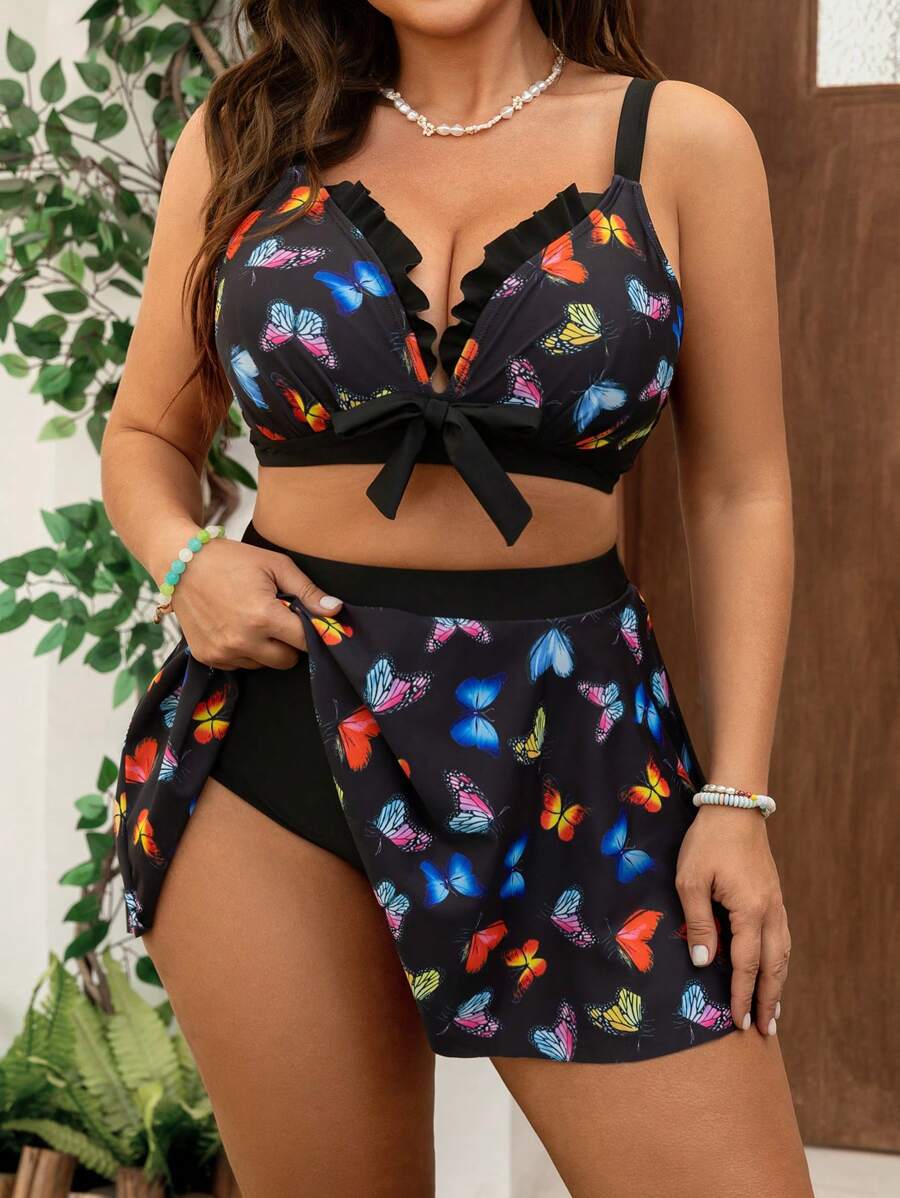 Swim Mod Bộ bikini và quần short in họa tiết bướm cỡ lớn mùa hè 2 mảnh cho nữ, đi nghỉ thường ngày - màu đen - Xem 1