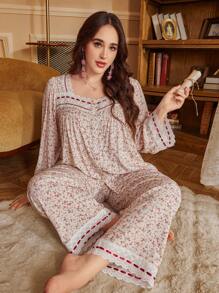 Retro Ditsy Floral Print Plus Size Pajama Set With Contrast Satin Trim - Multicolor - View 1