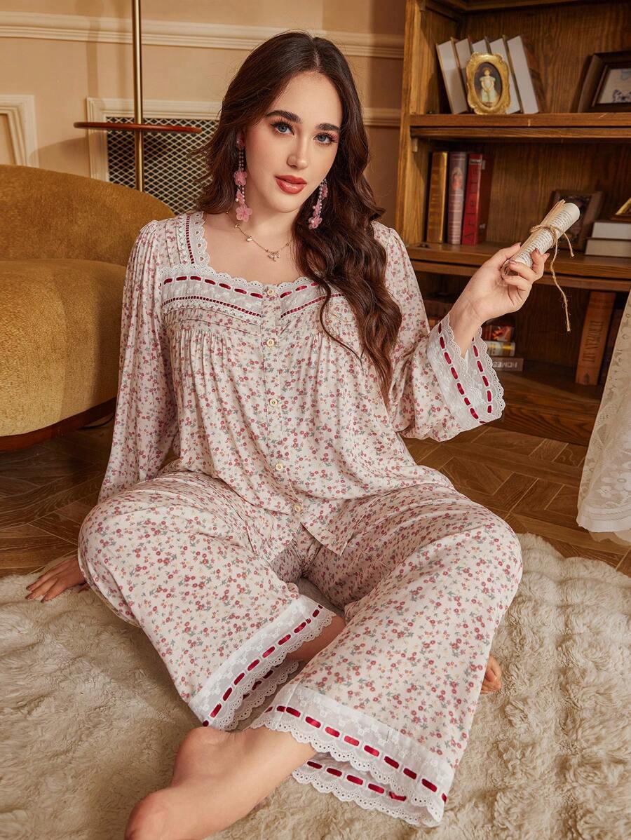 Retro Ditsy Floral Print Plus Size Pajama Set With Contrast Satin Trim - Multicolor - View 1