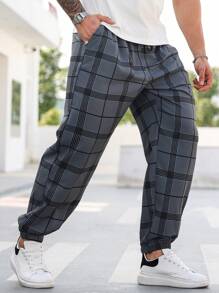 Manfinity Homme Calça Jogger Casual Xadrez Plus Size Masculina, Uso Diário - Cinza - Visão 3