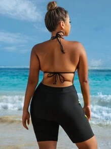 Swim SPRTY Plus Size Women High Waist Contrast Color Knee Length Beach Shorts, Sports Shorts For Summer Beach Vacation